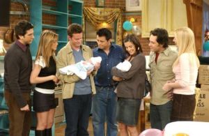 ** EMBARGOED FROM RELEASE UNTIL 1:15 A.M. EDT, MAY 7 ** David Schwimmer, left, Jennifer Aniston, Matthew Perry, Matt LeBlanc, Courteney Cox Arquette, Paul Ruddand, and Lisa Kudrow appear in this scene from the series finale of NBC's "Friends," in this undated publicity photo. After 10 years the popular TV comedy, which followed six New York coffee shop regulars, aired its finale Thursday, May 6, 2004. (AP Photo/Wanrer Bros.)